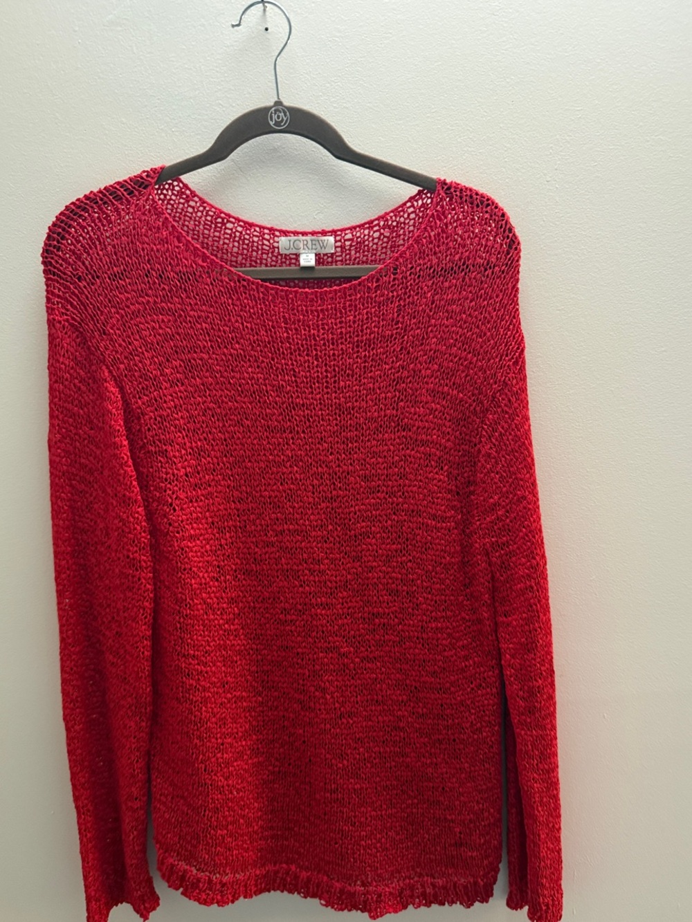 J. Crew Bright Coral-Red Open-Knit Crewneck Sweater